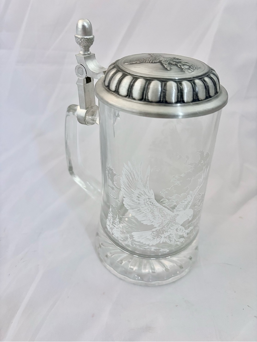 Glass Beer Stein with Pewter Lid - Clear and Silver